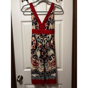Trulli Petite Red Multi Color Geometric Print V-Neck Empire Waist Dress 2P